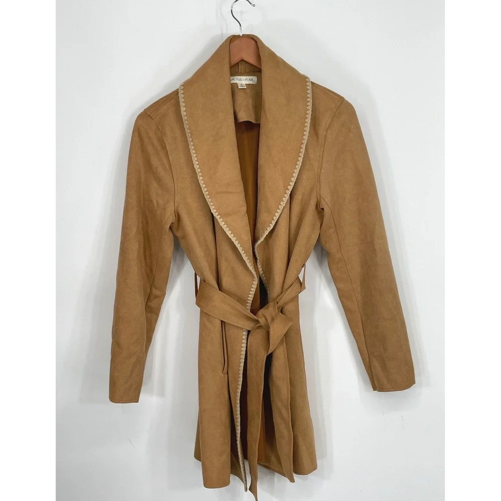 Cactus + Pearl Womens M Wrap Coat Tan Faux Suede Crochet Trim Belted Boho Flair